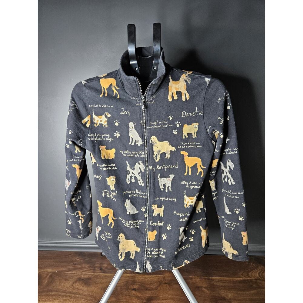 Jess & Jane Dogtown Shirt Zip Up S Top Black Rhinestone Dog Pattern USA Small